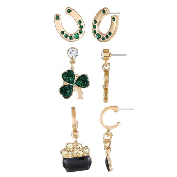 St. Patrick's Day Shamrock Earrings Set - 3 Pairs Festive Green Holiday Jewelry - Picture 1 of 3